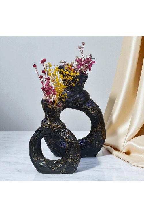 Siyah Altın Mermer Desenli Düğüm Formlu 2’li Dekoratif Obje & Kuru Çiçeklik Seti