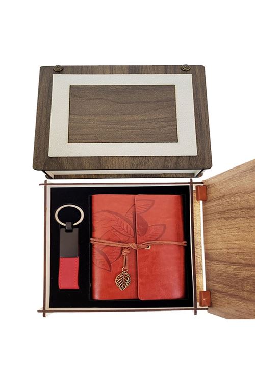 Özel Ahşap Kutulu Kiremit Rengi Deri Defter ve Anahtarlık Set