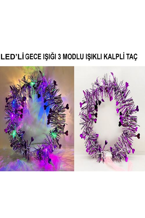 Kalp Püsküllü 3 Modlu LED Işıklı Taç Mor Renk