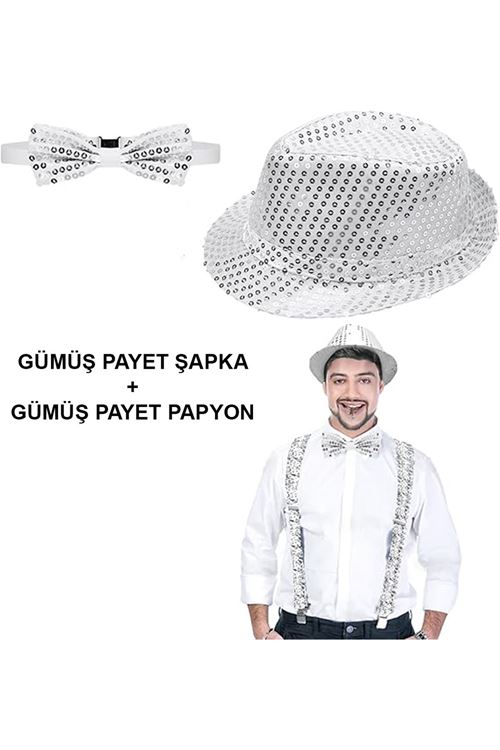 Gümüş Payetli Şapka ve Papyon Seti – Parıltılı Yetişkin Kostüm Seti