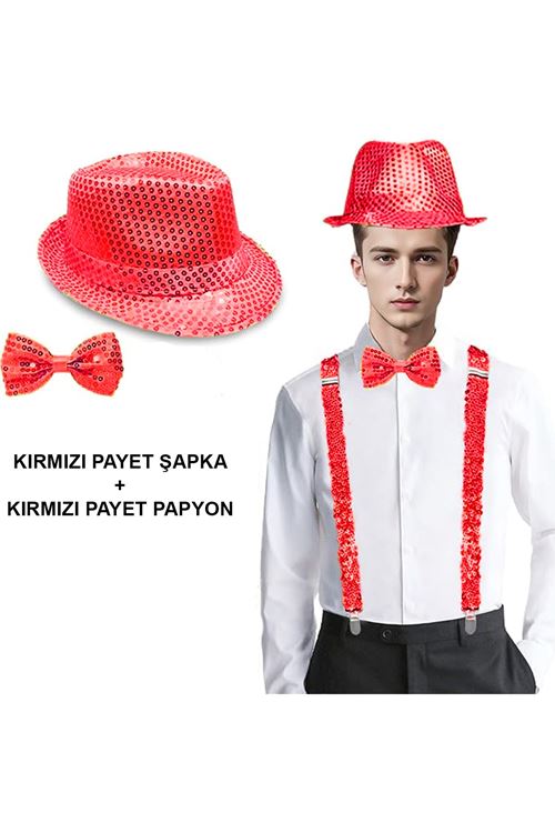 Kırmızı Payetli Şapka ve Papyon Seti – Parıltılı Yetişkin Kostüm Seti