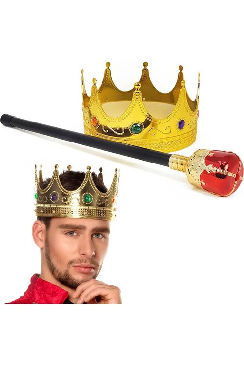 Altın Kral Tacı ve Kırmızı Topuzlu Asası Seti
