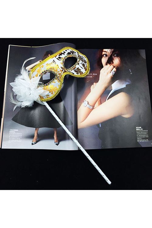 Lüks Taşlı Saplı Balo Maskesi Beyaz Renk