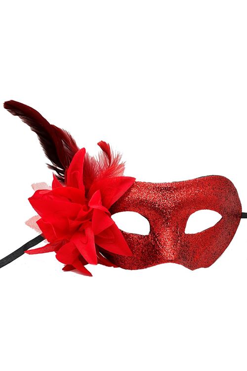 Kırmızı Renk Parlak Tüylü Parti Maskesi