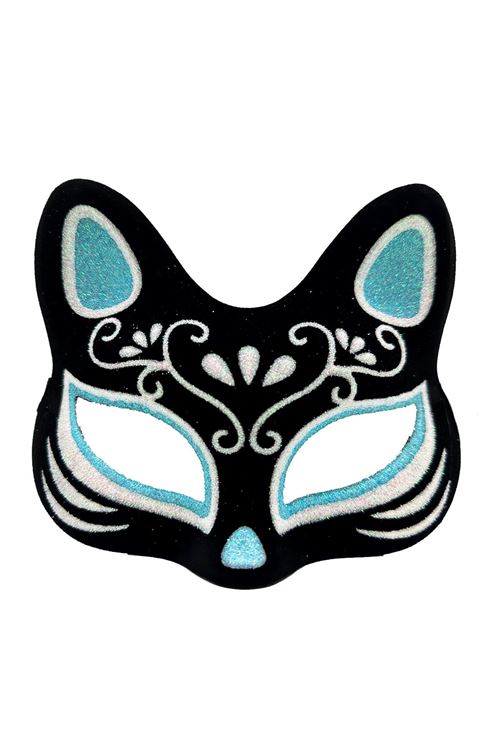 Siyah Süet Gümüş Mavi Simli Kedi Maskesi