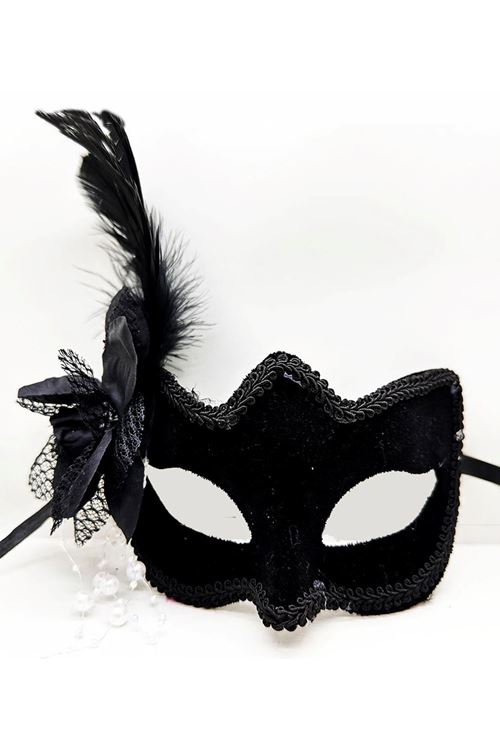 Siyah Süet Yandan Tüylü İncili Parti Maskesi
