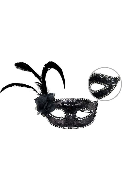 Siyah Yandan Tüylü Güllü Taşlı Pullu Maske