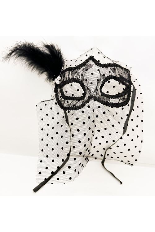 Siyah Puantiyeli Duvaklı İncili Parti Maskesi