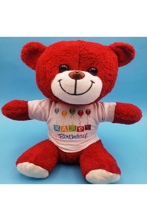 Happy Birthday Tişörtlü Peluş Kırmızı Ayıcık
