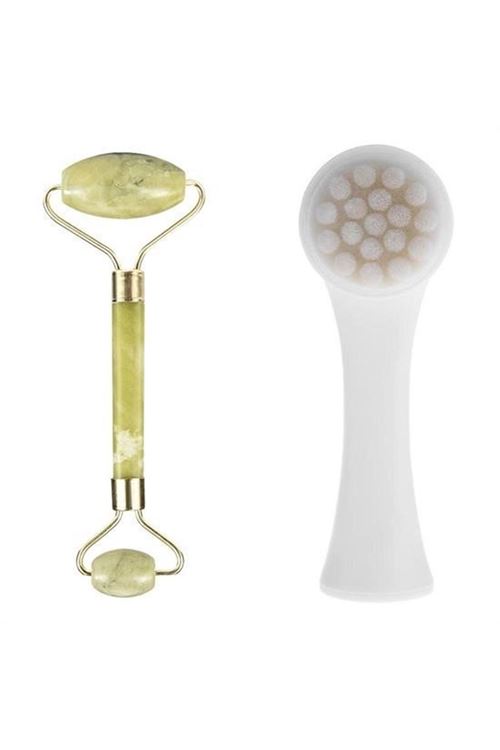 BUFFER® 2li Set Çift Taraflı Cilt Temizleme Fırçası ve Yeşim Taşı Çift Taraflı Cilt Masaj Aleti