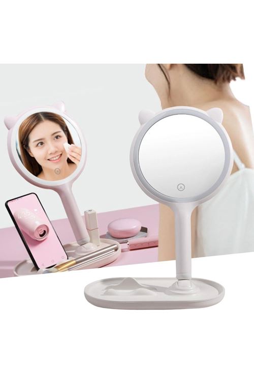 BUFFER® Kedi Kulaklı Telefon Standlı Yuvarlak Dokunmatik Led Ayarlı Masa Üstü Makyaj Aynası