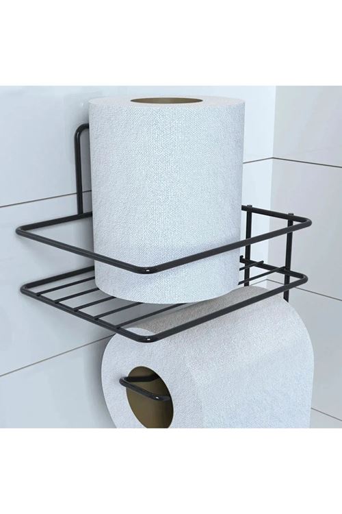 BUFFER® Kendiliğinden Yapışkanlı Tuvalet Kağıdı Tutacağı ve Yedek Raf - Siyah Modern Metal Tasarım