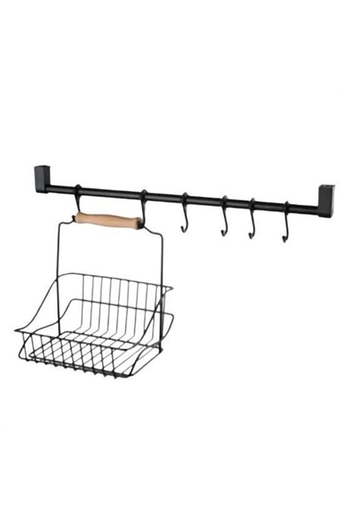 BUFFER® Retro Ferforje Askılı Siyah  Ahşap Kulplu Düzenleyici Mutfak Sepeti