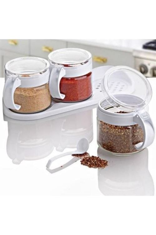 BUFFER® Beyaz 3lü Standlı Kapaklı Kaşıklı Cam Hava Sızdırmaz Baharatlık Takımı KC-386