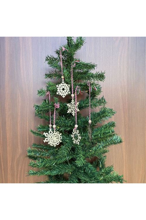 BUFFER® Pilli Peri Ledli 6 Parça Kırmızı Beyaz İpli Kar Tanesi Model Ahşap Yılbaşı Ağaç Süsü