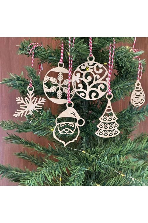 BUFFER® 6 Parça Kırmızı Beyaz İpli Noel Babalı ve Kar Tanesi Model Ahşap Yılbaşı Ağaç Süsü