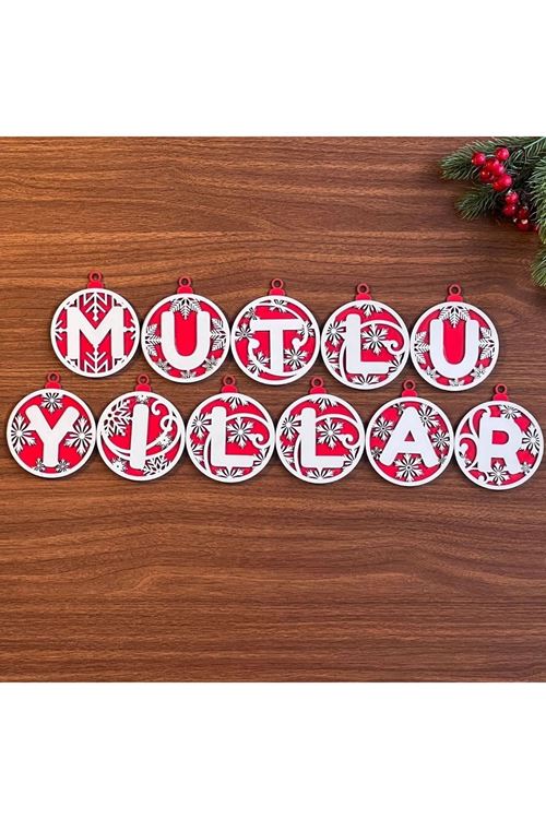 BUFFER® 11 Harfli Kırmızı Beyaz İpli MUTLU YILLAR Yazılı Ahşap Yılbaşı Ağaç Süsü