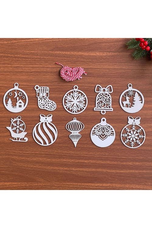 BUFFER® 10 Parça Kırmızı Beyaz İpli Karışık Model Ahşap Yılbaşı Ağaç Süsü