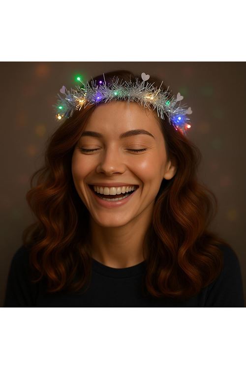 Kalp Püsküllü 3 Modlu LED Işıklı Taç Gümüş Renk