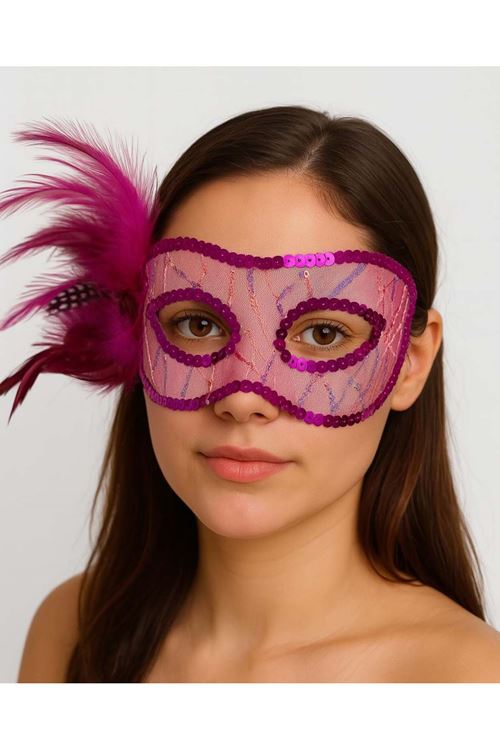 Fuşya Renk Yandan Tüylü Pul Payet İşlemeli Parti Maskesi 23x12 cm
