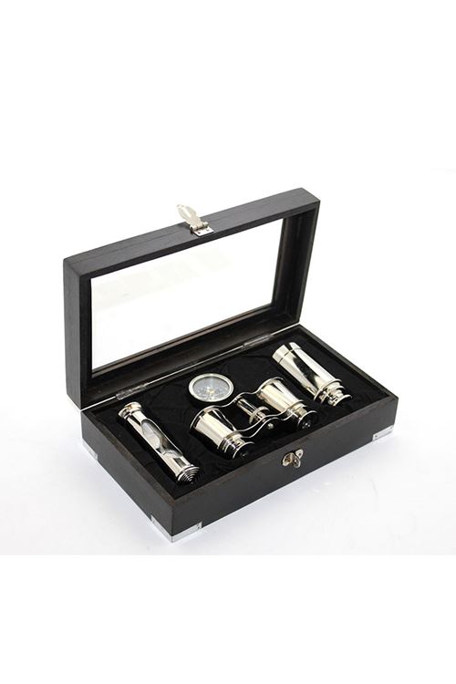 Ahşap Kutulu Pirinç Dürbün Pusula Ve Kum Saati Seti