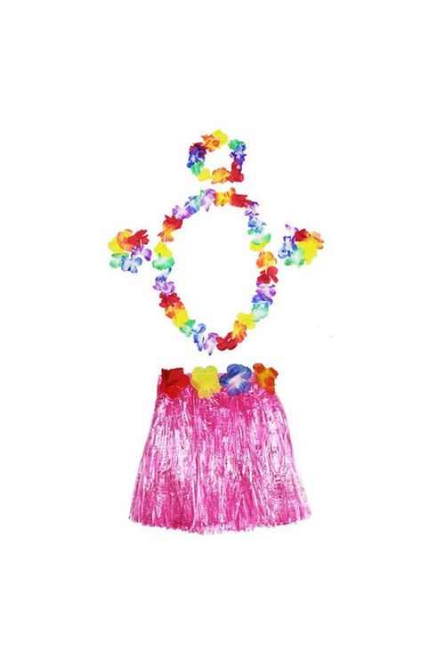 Hawaii  Kolye Etek Taç ve Bileklik Seti Pembe