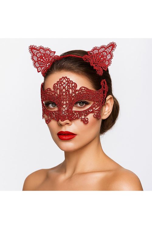 Romantik Kırmızı Dantel Maske Seti – Kedi Kulaklı Taç ve Maske No 3