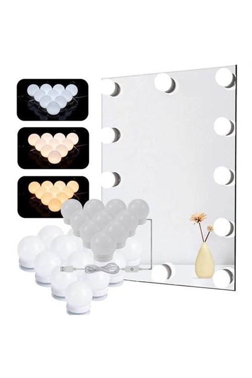 BUFFER® Nostalji Hollywood Tarzı 10lu Makyaj Masası Aynası Beyaz Led Işıklı Lamba USB