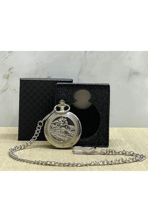 Özel Kutulu Tren Temalı Gümüş Köstekli Saat