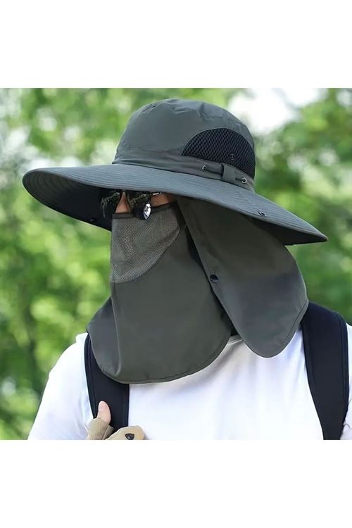 BUFFER® Güneş Koruyuculu Nefes Alabilen Maskeli ve Boyun Kapaklı Geniş Kenarlı Balıkçı Şapkası
