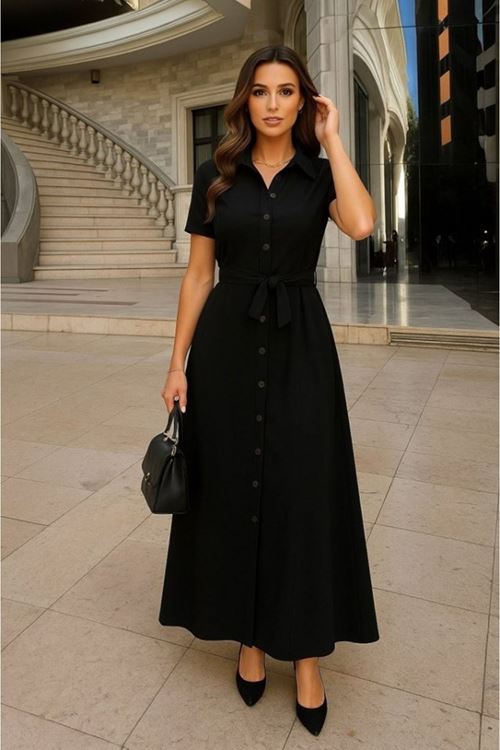 Kadın Kısa Kollu Yakalı önden Düğmeli Beli Kuşaklı Ithal Keten Elbise