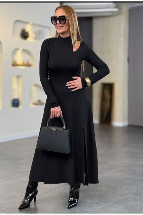 Kadın Balıkçı Yaka Damla Detaylı Yırtmaçlı Uzun Viskon Iki Iplik Maxi Elbise