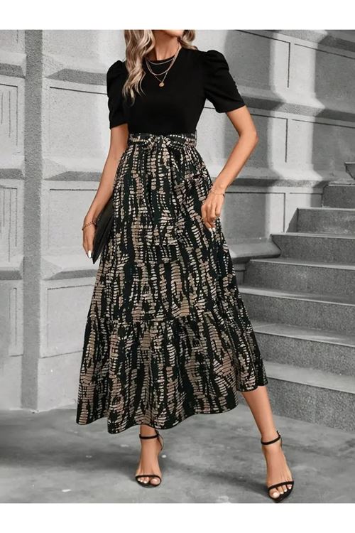 Kadın Kısa Kollu Bisiklet Yaka üst Ithal Krep Alt Süprem Maksi Boy Elbise