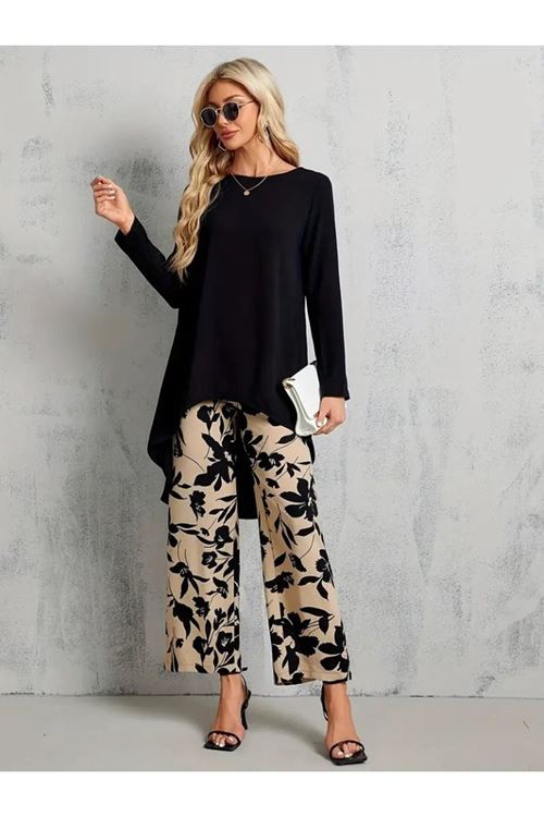 Kadın Uzun Kollu Bisiklet Yaka Asimetrik Kesim Detaylı Viskon Bluz Ve çiçek Desenli Iki Iplik Pantolon