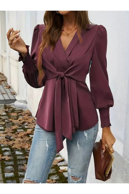 Kadın Uzun Kollu Kruvaze Yakalı önden Bağlamalı Ithal Krep Bluz