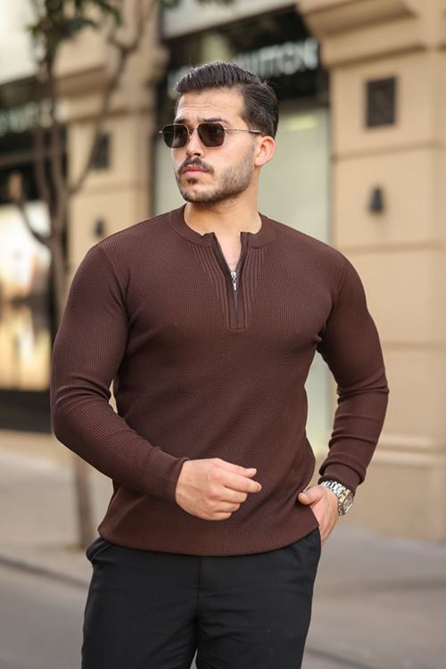 Erkek Fermuarlı Bisiklet Yaka Dokulu Uzun Kollu Triko