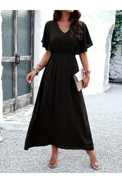 Kadın Kısa Kollu V Yakalı Beli Lastikli Uzun Viskon Elbise