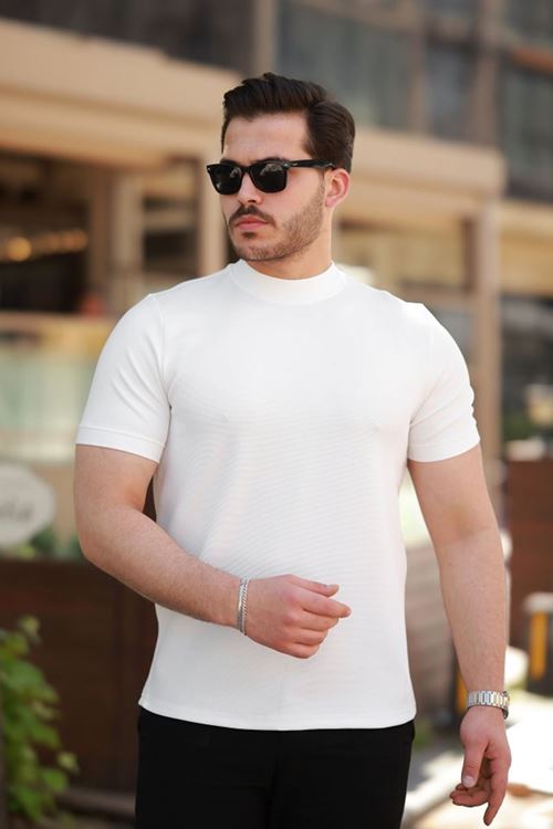 Erkek Ince çizgi Dokulu Kısa Kollu T-shirt