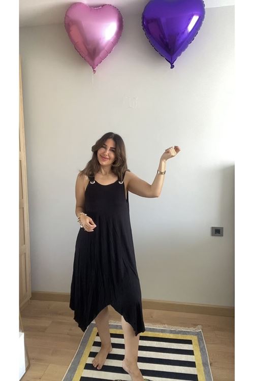 Kadın Askılı Yuvarlak Yaka Kuş Gözü Detaylı Asimetrik Viskon Elbise