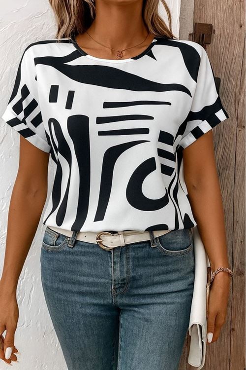 Kadın Kısa Kollu Yuvarlak Yaka Desenli Süprem Bluz