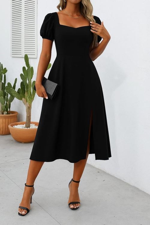 Kadın Kısa Kollu Kare Yakalı Yırtmaçlı Midi Janjan Krep Elbise