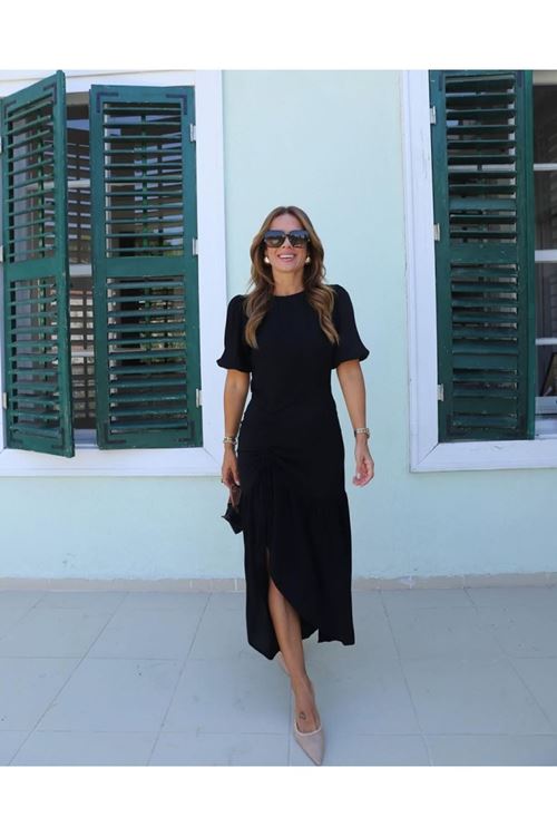 Kadın Kısa Kollu Bisiklet Yakalı Yandan Yırtmaçlı Büzgülü Janjan Krep Elbise