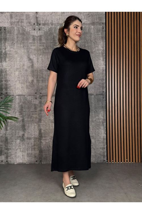 Kadın Kısa Kollu Bisiklet Yaka Yırtmaçlı Viskon Iki Iplik Elbise