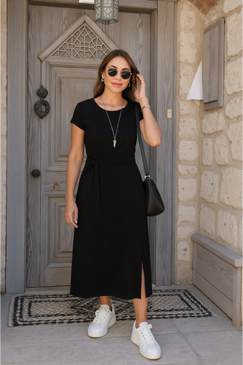 Kadın Kısa Kollu Yuvarlak Yaka Belden Bağcıklı önden Yırtmaçlı Aerobin Elbise