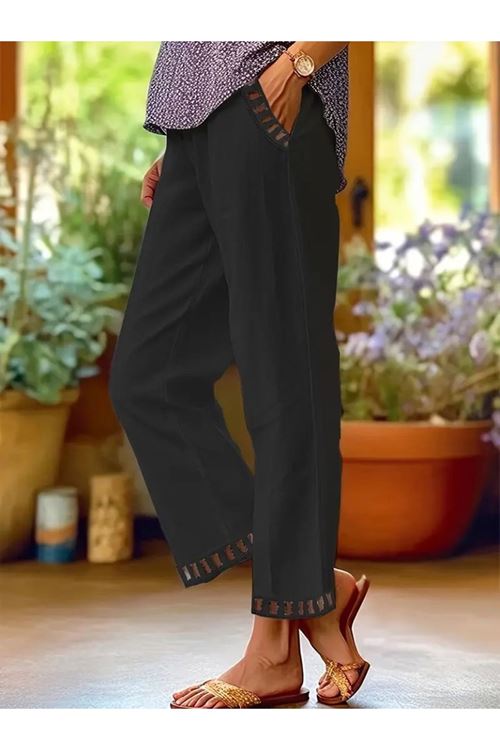 Kadın Beli Lastikli Bağcıklı Cep Ve Pantolon Ucu Güpür Detaylı Pantolon
