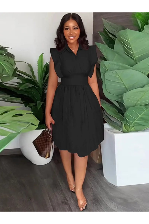 Kadın Yakalı Belden Oturmalı önden Büzgülü Dokuma Mini Elbise