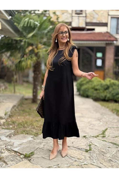 Kadın Omuzlardan Büzgülü Kayık Yaka Fırfırlı Janjan Krep Elbise