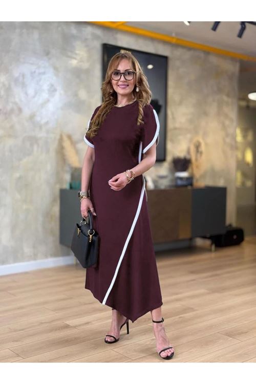 Kadın Kısa Kollu Bisiklet Yaka çift şerit Renk Detaylı Asimetrik Kesim Viskon Iki Iplik Elbise