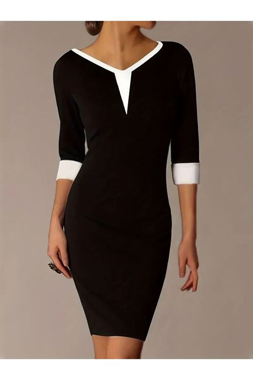 Kadın Truvakarkol V Yakalı Blok Renkli Kısa Janjan Krep Elbise