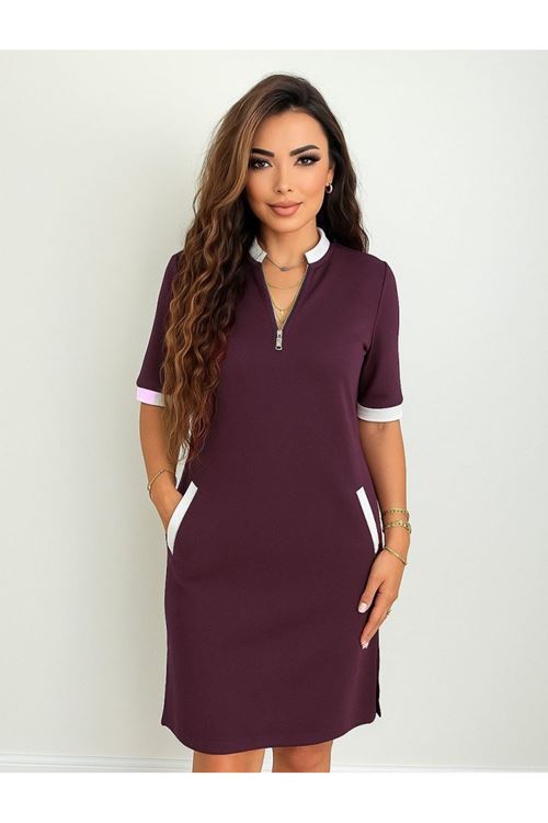 Kadın Kısa Kollu Yakadan Fermuarlı Cepli Yandan Yırtmaçlı Viskon Elbise